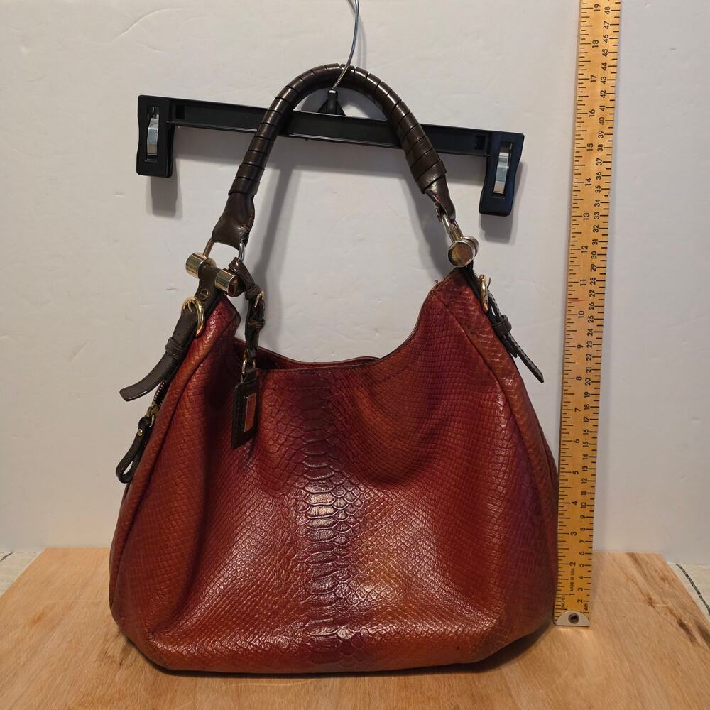 Antonio Melani Burgandy Leather embossed Handbag gold tone chunky hardware